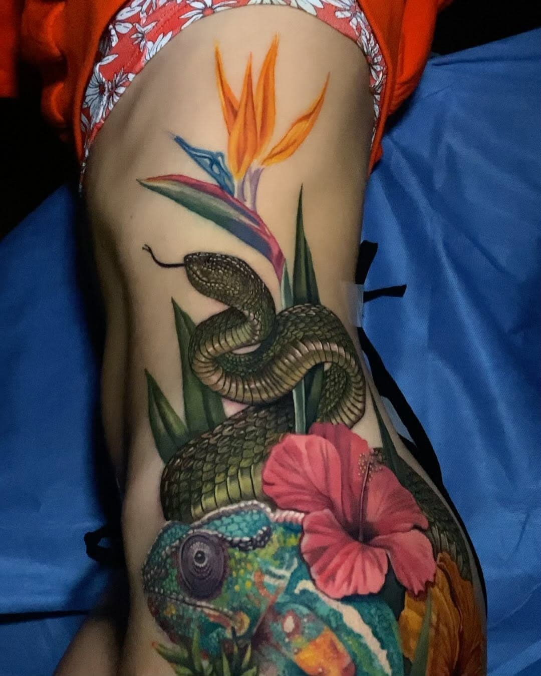 Finally finished this mega reptilian color tattoo on a very strong client. We started a few years ago with the kimono dragon, and last year, added the chameleon  This time, we added one of her favorite snakes, another flower and a bird of paradise. Thank you Jazmin for your trust! 

Finalmente terminé este tatuaje de color mega reptil en una clienta muy fuerte. Empezamos hace unos años con el varano y el año pasado agregamos el camaleón. Esta vez agregamos una de sus serpientes favoritas, otra flor y un ave del paraíso. ¡Gracias Jazmín por tu confianza!

#reptiles #colortattoo #tatuaje #tatuadoresmexicanos #tatuajeschingones #femaleartist #bishoprotary #criticaltattoo @bishoprotary @criticaltattoosupply @reyestattoosupply @eternalink