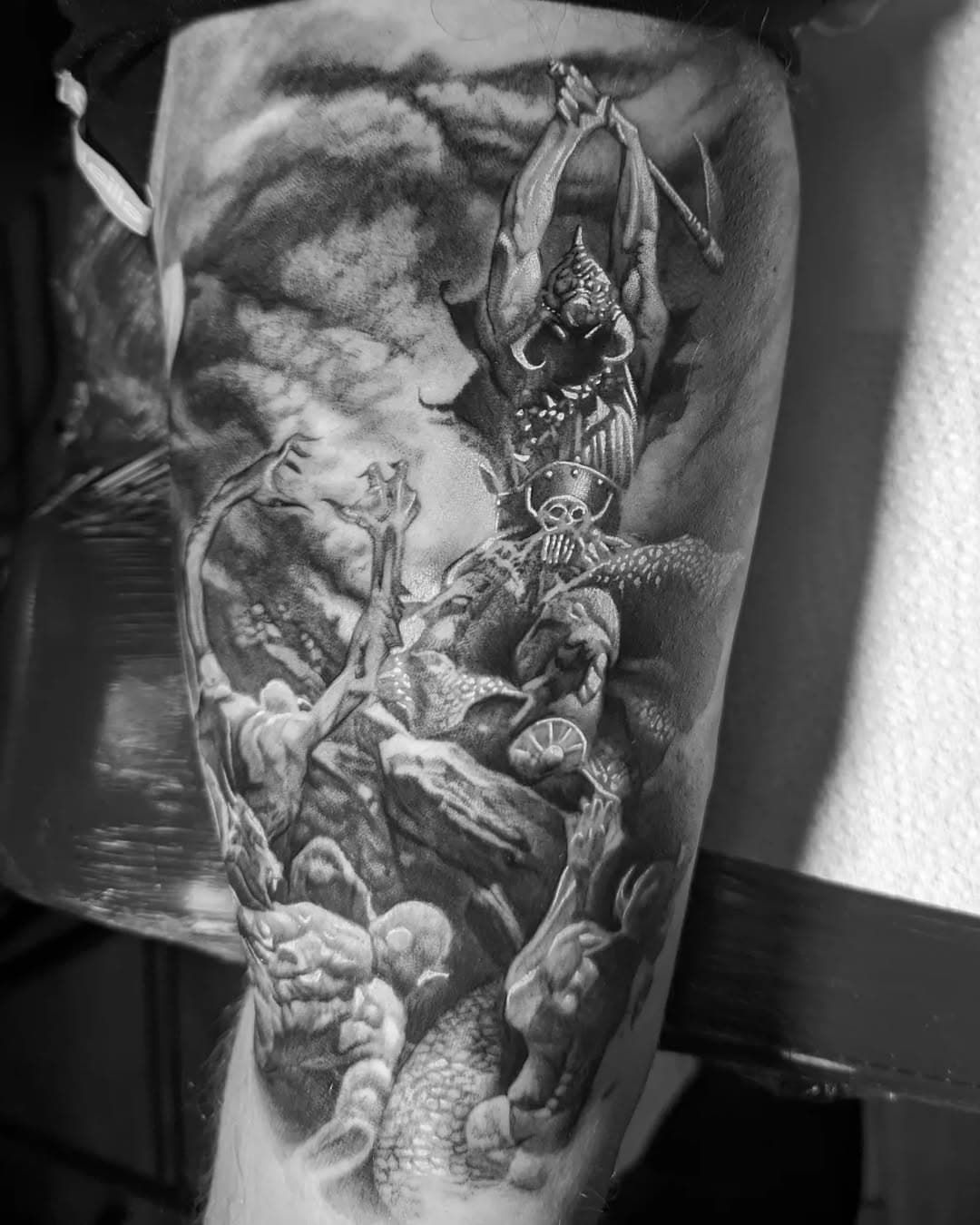 Death Dealer - some healed some fresh, #frazetta #bngtattoo #bngtattoo #blackabdgreytatroo #frazettatattoo #thefrontroomtattoostudio