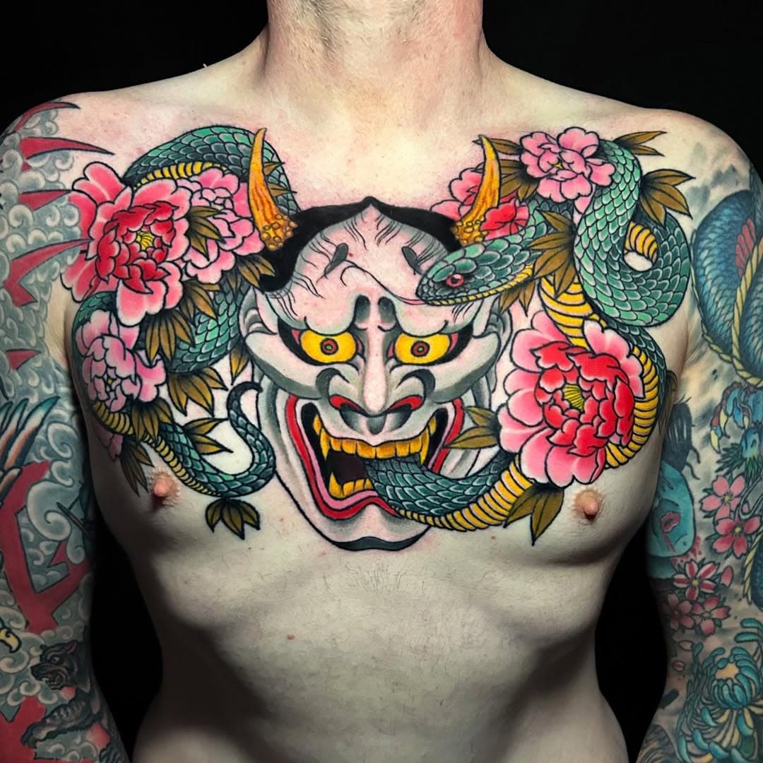 I finished this chest piece yesterday!! Thanks again Charles!!! #hannya #hannyamasktattoo #hannyamask #snake #snaketattoo #japanesesnaketattoo #peonies #peoniestattoo #japanesepeonytattoo #japanesetattoo #traditionaljapanesetattoo #dylansartin #pantherhearttattoo #tattoo #ink