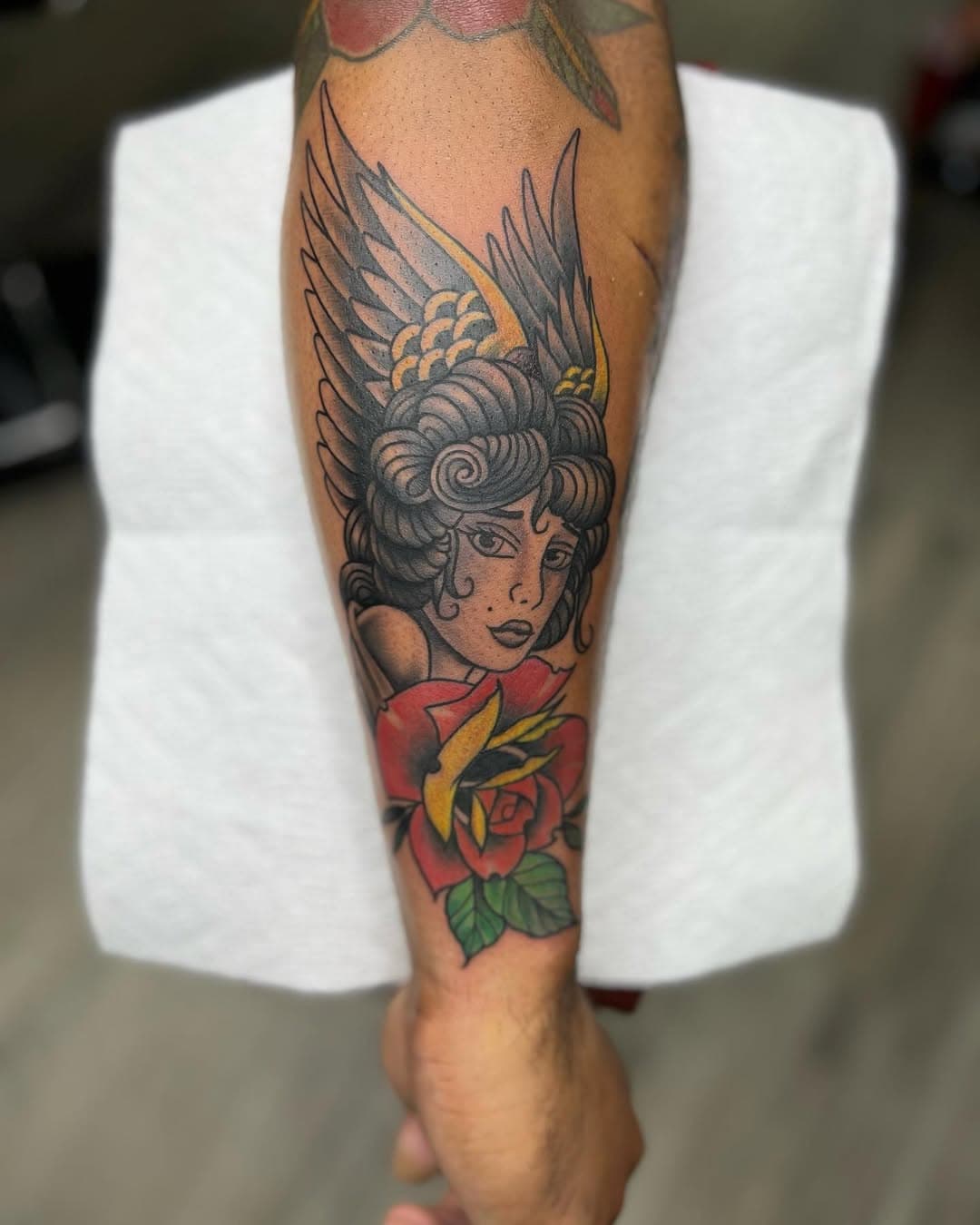 Custom piece done by Joe Thankyou @asapangell_ for the creative freedom! #tattoo #tattoos #ink #art #tattooart #tattooshop #tattooartist #rose #traditionaltattoo #neotraditional #angel #savageink