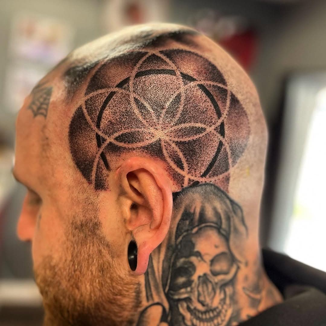 Dome piece today. #tattoo #headtattoo #mandalatattoo #geometrictattoo #geometry #nj #njtattoo #newtonnj