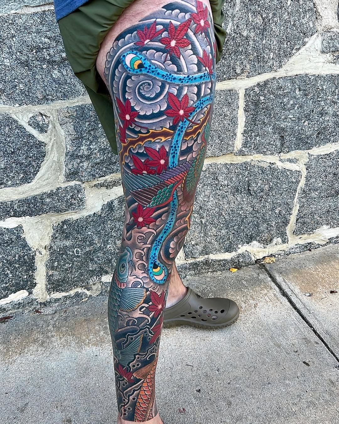 Recent leg sleeve with cover up completed by @brent_williams_tattooer. DM him directly for appointments or email ghosttownec@gmail.com. #japanesetattoo #legsleevetattoo #ellicottcity #koi #koitattoo #phoenixtattoo