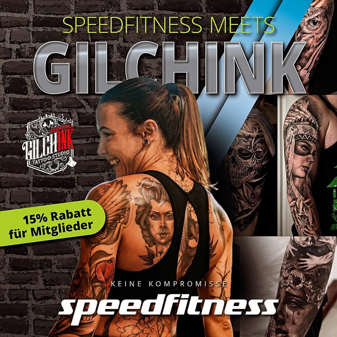 ***NEWS NEWS NEWS*** 

Wanna get inked? 😎😎🤩👏🏼

-> Wir haben ab sofort mit GILCHINK, DAS Premium Tattoostudio der Stadt als Partner! 😍😍 🎉 
Gilchink besticht durch die besten Tattooartisten überhaupt!

Keine monatelangen Wartezeiten für dein Traumtattoo! 🙆🏽‍♂️🎉😎

-> Das Beste: beim Vorzeigen deines speedfitness Mitgliedsarmbands bekommst du 15% Rabatt! 🤘🏼

Einige Mitarbeiter und Mitglieder schwören schon auf die Gilchink Künstler. 👏🏼😏

Wanna get inked? 
Let‘s start a cool tattoo!! 

Du hast Fragen, willst eine Beratung oder einen Termin ausmachen?
Ganz einfach hier über Insta @gilchink eine Nachricht schreiben und Let’s Go 🙌🏼

Markiere jemanden der schon lange Bock hat! 😜