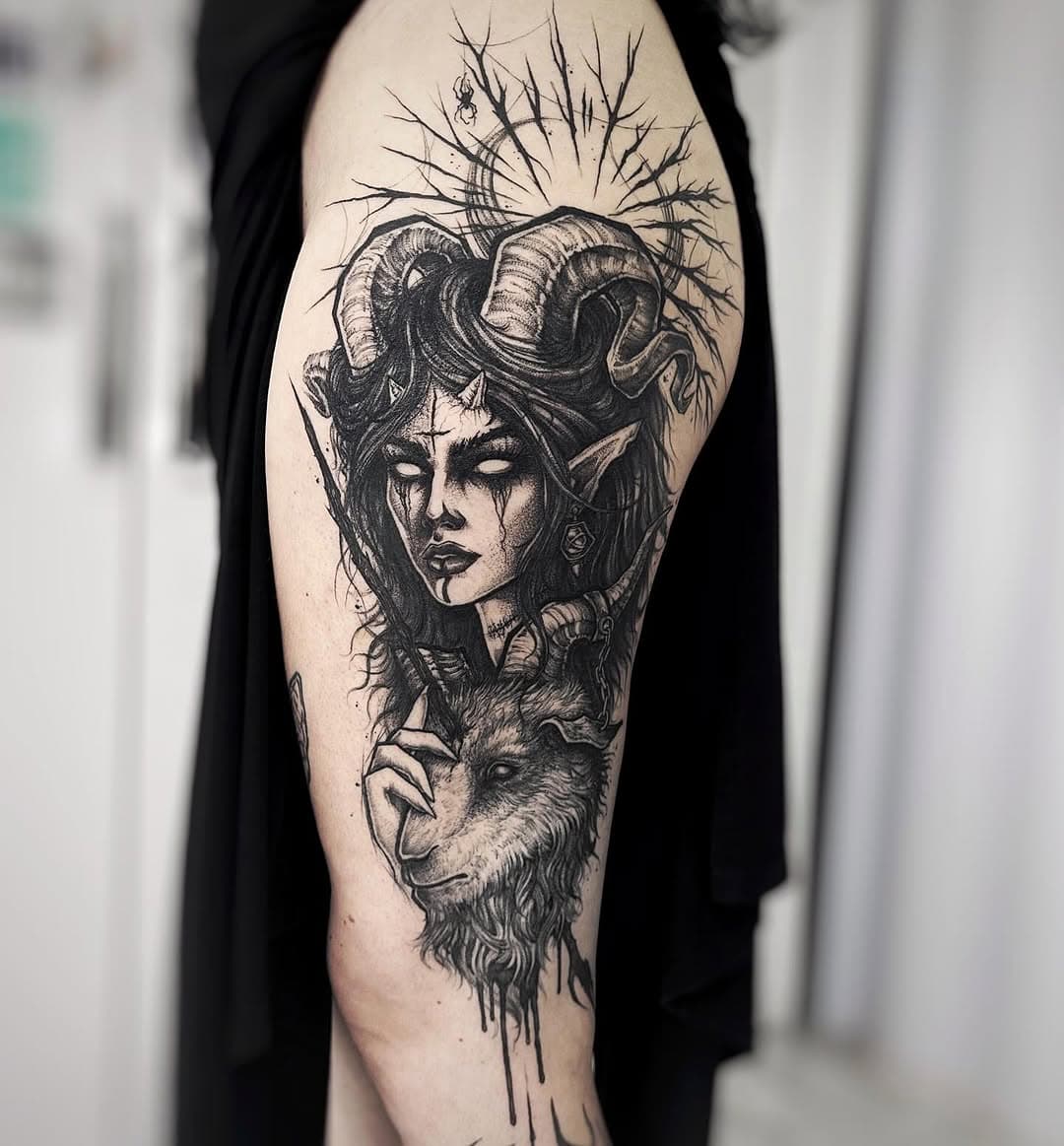 Tatuagem feita na convenção de Joinville, para a categoria Blackwork! Deu uma trabalheira, e aí está o resultado da cicatrização 🌿🫎🐇 Um dos estilos de desenho (e temática) que mais amo, sem sombra de dúvidas! 

Obrigada por aguentar firme @haney.wild_ 🔥

#Tatuagem #tattoo #tatuagemfeminina #tatuagemdelicada #autoestima #inked #aesthetic #tattooartist #thebesttattooartists #blacktattooart #blackwork #blackworktattoo #blackworksubmission #onlyblackart #darkartists #artobacurae #blackink #tatuagembrasil #tatuagembr #universe #nature #tattooinspiration #darkaesthetic #demon #goat