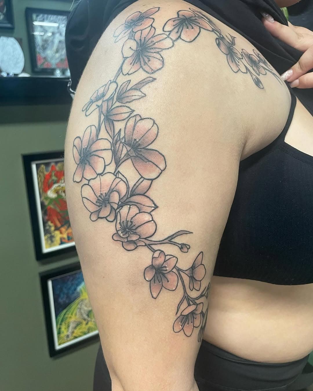 Cherry Blossoms for @renee.flores07 🌸🌸 #houston #tatt #tattooshop #flowers #cherryblossom #blackandgrey