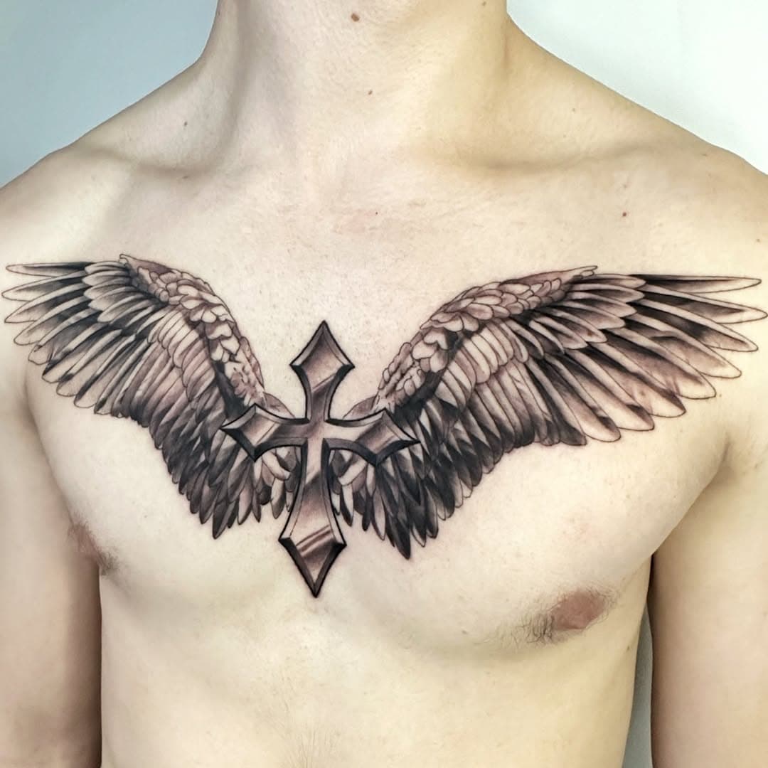 Winged cross for Alex. 2 days in a row for his first tattoo, what a brave man ! For bookings and infos send an email to:
f.erictattoo@gmail.com