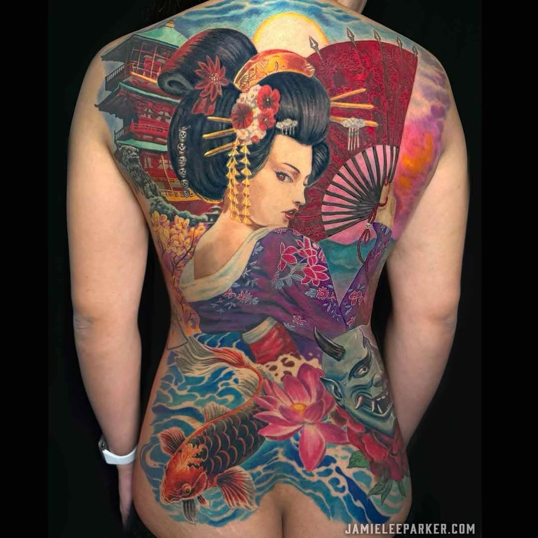 Thank you Shane! Laser treatment and 5 cover ups later. We finally wrapped up this Geisha back piece. Super happy with how it turned out! Swipe for another angle on it. #backtattoo #geishatattoo #latattooartist #818valley #westhills #colortattoo