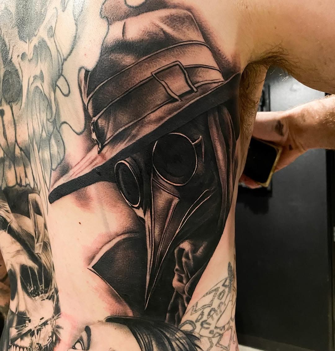 HAPPY HOLIDAYS! First session on this Plague Doctor. Tye@facesinthedark.com for appointments #facesinthedarktattoo #stencilstuff #redemptiontattoocare @facesinthedarktattoo @stencilstuff @redemptiontattoocare