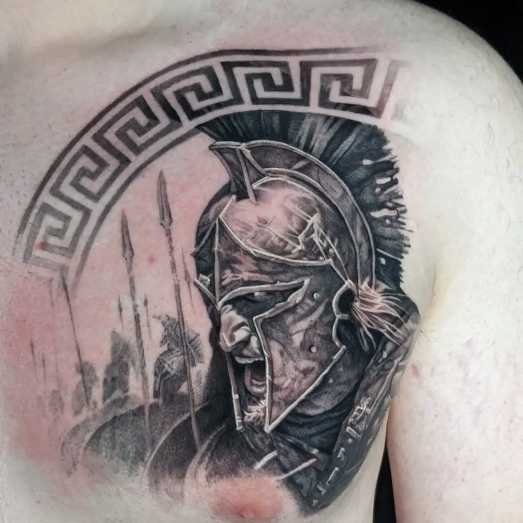 Back at with some white and finishing touches to this mostly healed Spartan. #tattoo #thefrontroomtattoostudio #spartantattoo #blackabdgreytatroo #bng #bngtattoo