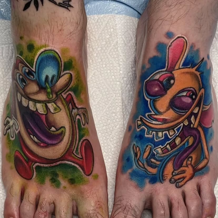That one time (yesterday) when the man himself, Mr @piercings_by_hunkabaloo , made me tattoo both his footsies so he could hobble around the shop like an ancient wizard. Thanks for the trust my dood, hope your toesies are ok! 

#feet #tattoos #renandstimpy #nickelodeon #color #fyp #foryoupage #tattooshop #footjob #footsies #ouch #ink #newschooltattoo @thenewnewschool @worldofnewschool