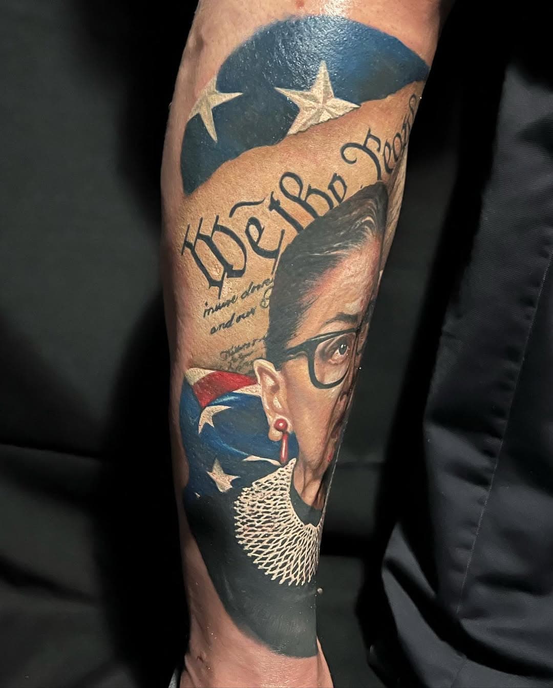 Finished this one up earlier in the month, can’t wait for a healed pic! Happy new year! #ruthbaderginsburg #wethepeople #tattoo @worldfamousink @electrumsupply @fkirons @h2ocean @afterinked