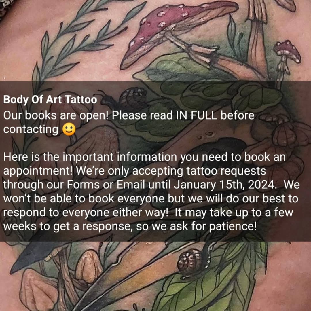 To book with Amber Winter fill out the Amber Winter form at Boatattoos.com or send a tattoo request to Amber@boatattoos.com. Amber has some time slots for new projects, however she has less availability due to ongoing projects.  See bottom of post for submission format/details.

To book with Aryn Fox fill out the Aryn Fox form at Boattattoos.com or send a tattoo request to Aryn@boatattoos.com.  See bottom of post for submission format/details.

If you are open to the artist send your tattoo request to ask@boatattoos.com.  See bottom of post for submission format/details.

Even though you’re booking now, your appointment may not be until March or beyond. 

Projects will be prioritized based on creative freedom and style/subject. 

May the Odds be forever in your favor 🙂

Email submission format-
Full name:
Email:
Phone number:
Preferred Artist:
General Availability: (ex. Mondays after 4pm)
Budget:
Size (in inches):
Placement:
Color or Black and Grey:
Description of tattoo:
Please upload any reference photos with your Email.