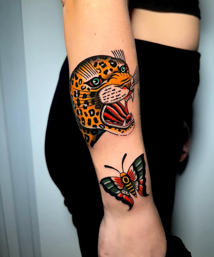 Thanks @marta_specchiarello #traditionaltattoo #traditionaltattooing #traditionaltattoos #traditionaltattooer #tradwork #tradworkers #tradworker #iltatuaggio #tattoodo #tattoosnob #bestitaliantattooartist #best_traditional_tattoos #inked #inkedmag #inkedmagazine #tattoo #apprentice #tattooapprentice #ink #inktattoo #classictattooing #oldschooltattoo #leopard #leopardtattoo #butterfly #butterflytattoo