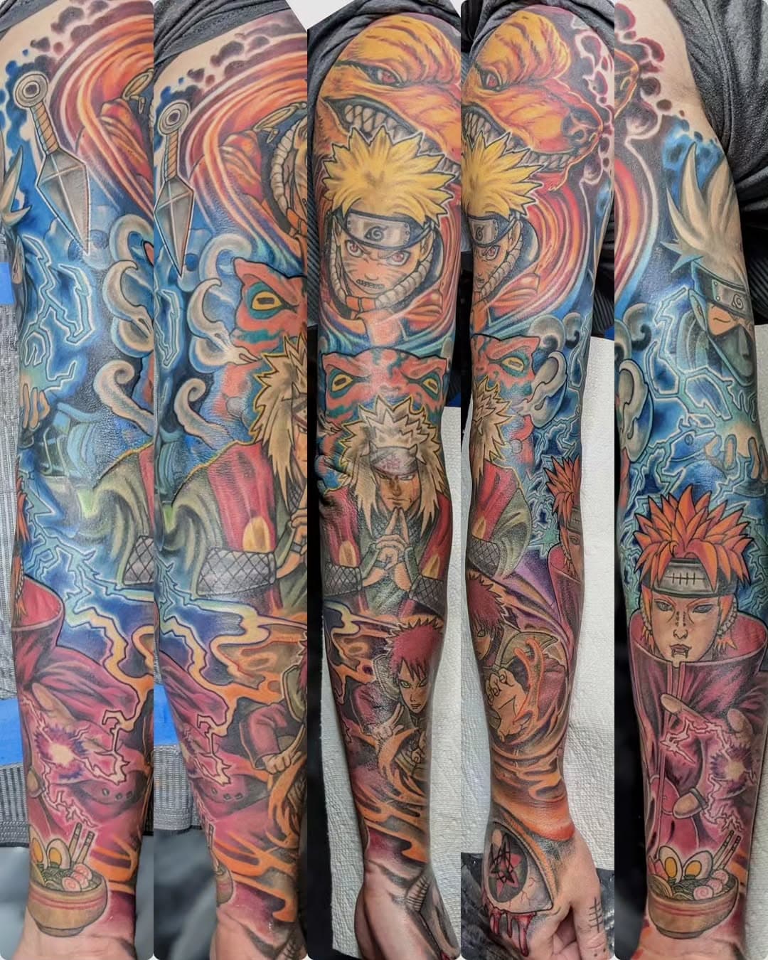 Naruto sleeve all wrapped up.  Sorry for the less than ideal photos, they're meh. Thanks @snarsker for the trust on this rad project!!

#tattoo #tattoosleeve #narutotattoo #Naruto #colortattoo #fun #tattooshop #tattooart #tattooartist #fyp #foryoupage
