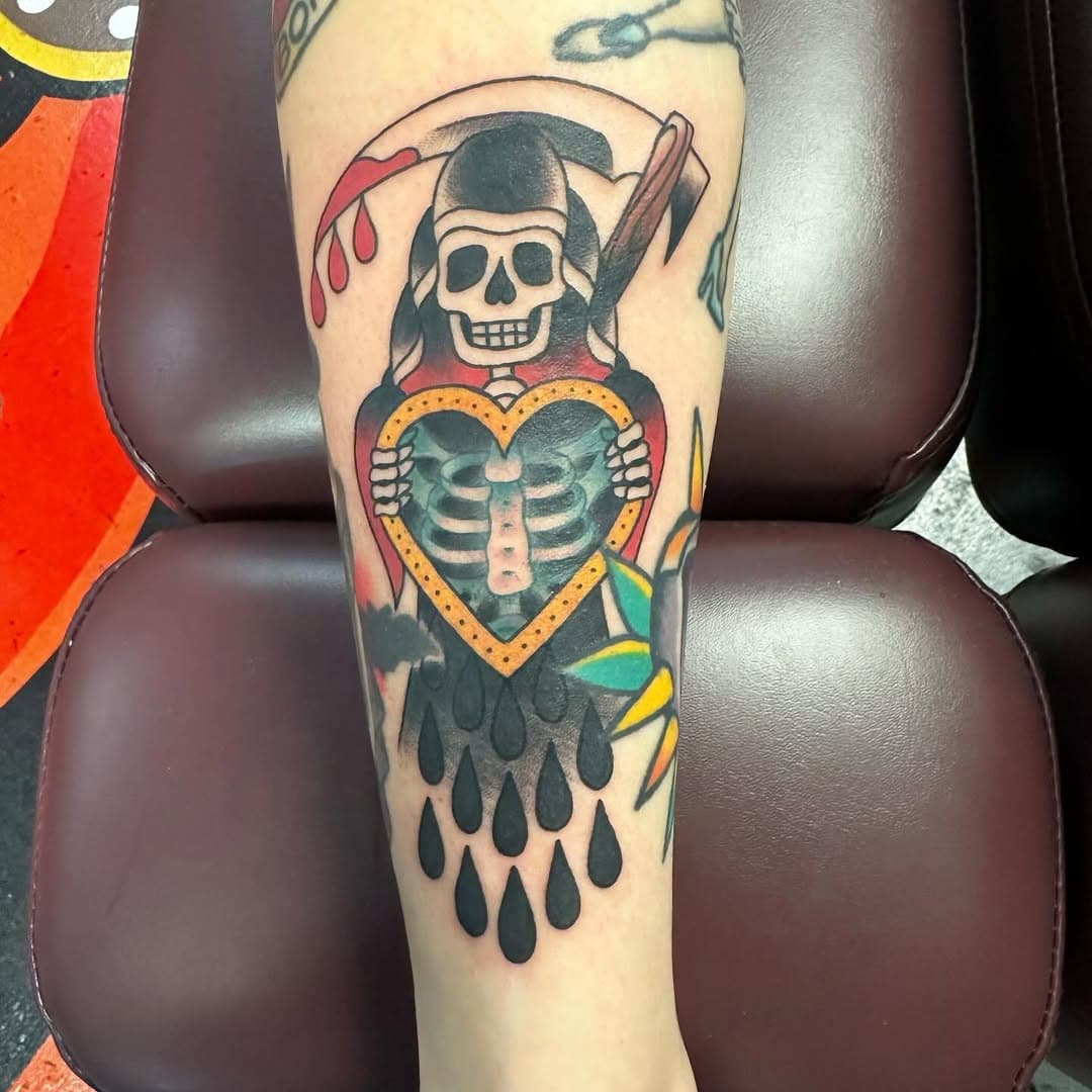 Cool reaper from today. Got some time open next week. Available for walk ins and appointments @honorandglorytattoonc #traditionaltattoo #colortattoo #xraytattoo #nctattooers #jacksonvillenc