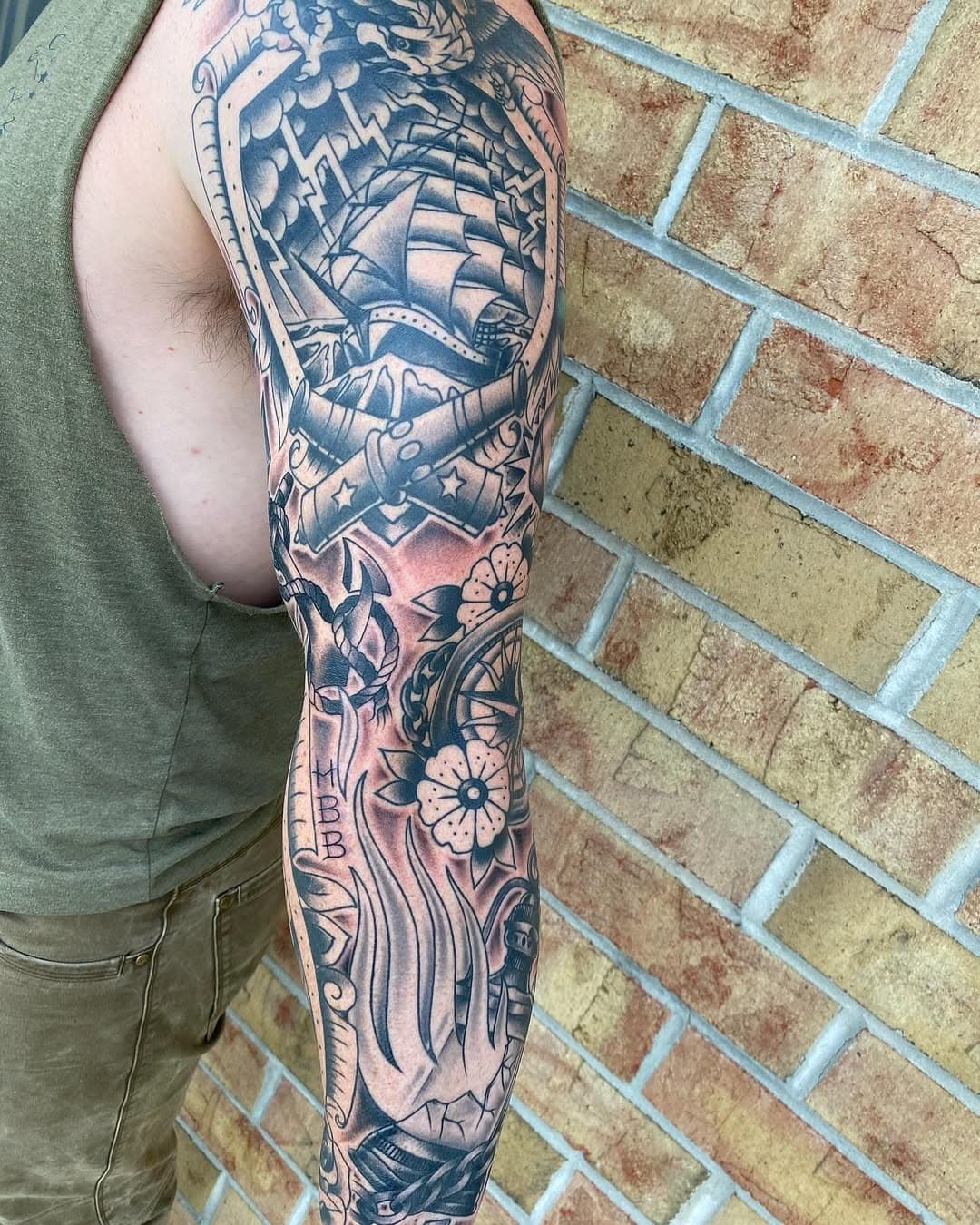 Black and grey traditional sleeve. All healed except for the background shading. I have time available this month. Doing walk ins and appointments @honorandglorytattoonc #nctattooers #traditionaltattoos #blackandgreytattoos #jacksonvillenctattooers