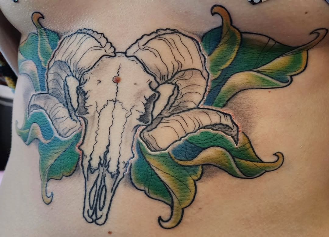 Healed lines and fresh color for this ram sternum piece 🐏 thank you to clients who give me the opportunity to do some really rad projects on yall
#ram #ramtattoo #ramskull #sternum #sternumtattoo #hornstattoo #colortattoo