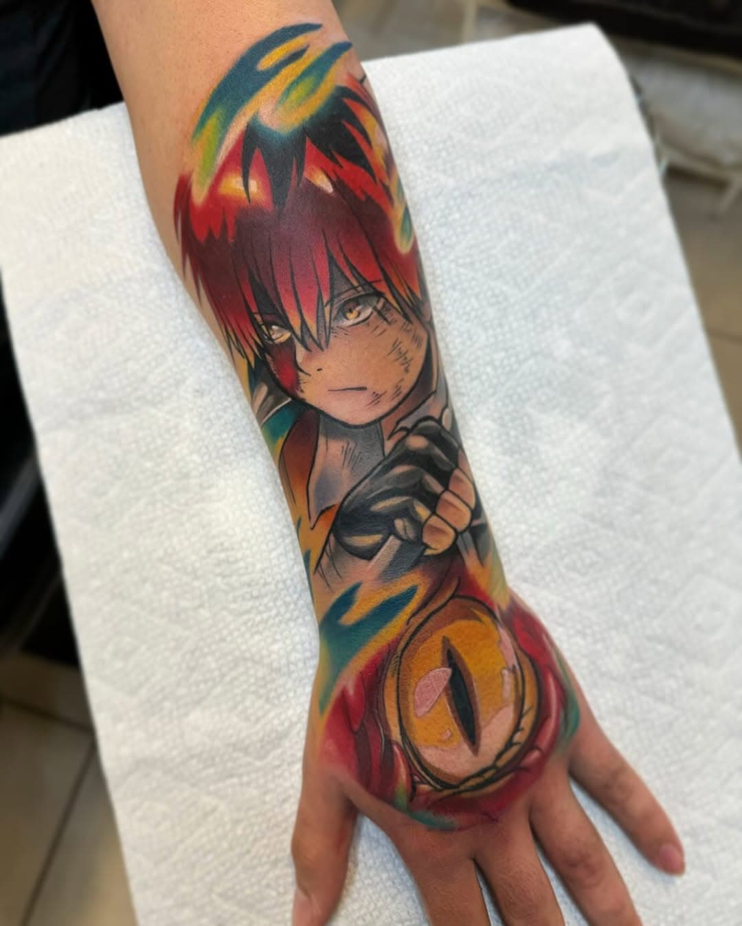 Stark from frieren ! So glad I got to do this custom piece ! #frieren #frierenbeyondjourneysend #anime #dragoneye #stark #dragonslayer #handtattoo #colortattoo #animetattoo #atx #texastattooer #animeink #animetattoo #indsutryink #thanksforyoursupport