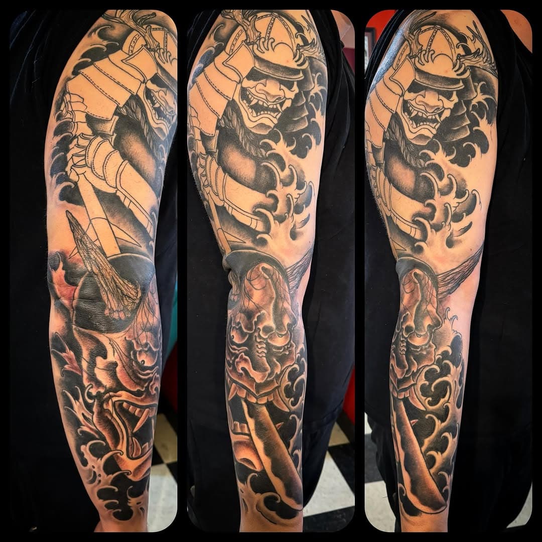 #in progress #blackrivertattoo #blackriverfalls #wisconsin #mainstreetusa #americasbestkeptsecret #blackandgreytattoo #samurai #hannya #noh #tattoosleeve #getsome