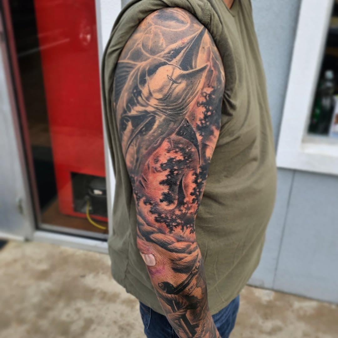 #tattoo #tattoos  #tattooed #tattooer #tattooartist #tattooart #tattooedmen #ink #inked #inkart #inkedup #inkaddict #tattoosformen #sleeve #sleevetattoo #tattoosleeve #blackandgray #blackandgraytattoo #blackandgrey #blackandgreytattoo #realism #realismtattoo #realistic #realistictattoo #biloxi #gulfport #gulfcoast #fishtattoo #marlin #saltlife