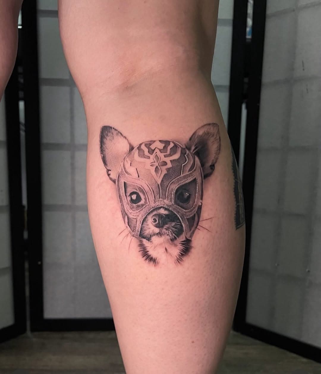 Nacho Libre’s pup done by @mat.chewtattoo @blackmooncollectivehi 
.
.
.
.
.
#hawaii #hawaiiartist #kaneohe #kailua #northshore #oahu #blackmooncollective