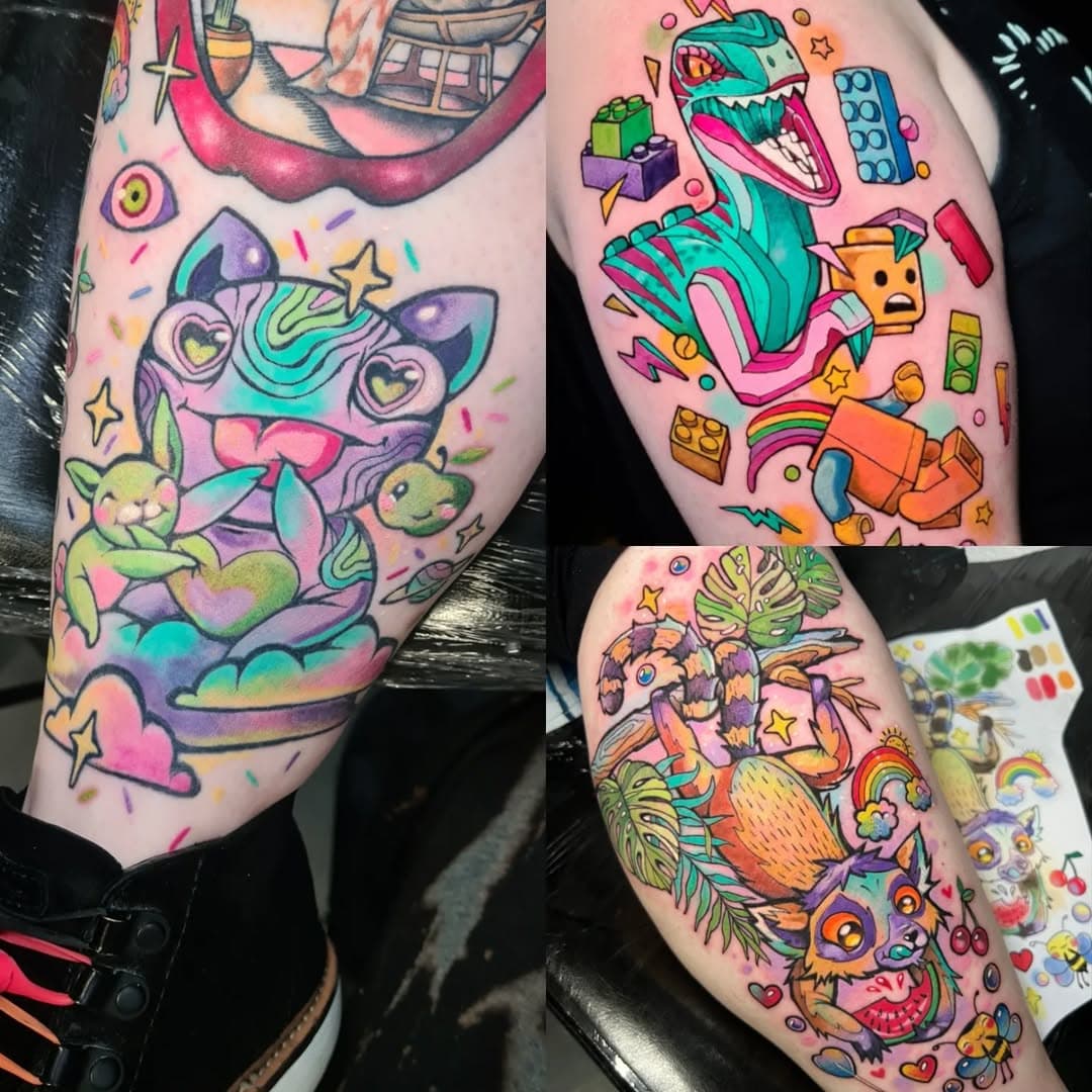 This is my super cute, colourful style , you can see more of them here  @mycutecreatures
.
I also love tattooing anime and cartoons , full colour or black ink 🥰
.
If you want a creature for yourself message me at flaviaverda@yahoo.com with your ideas 💜💜💜
.
#Birminghamtattoo #tattooconvention #uktta #colourfultattoo #happytattoo #magictattoo #kawaiitattoo #healedtattoo