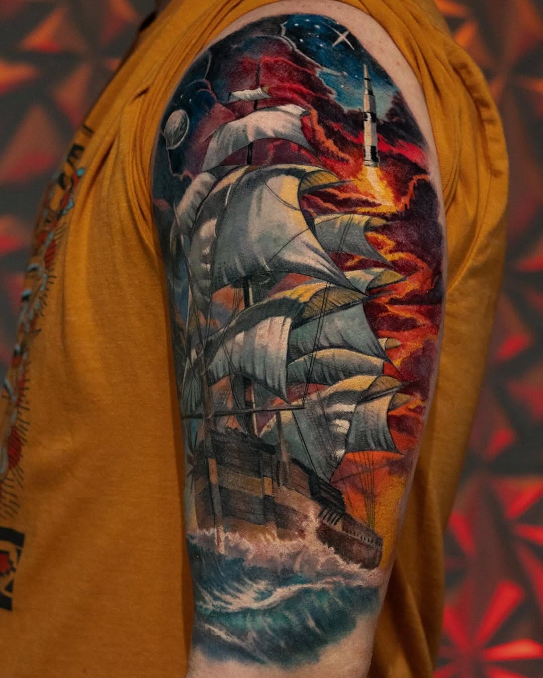 Photo of this naval ship tattoo with a Saturn V rocket in the background. The tattoo portrays human exploration though out time. It was a great project to work on! 🌿🌿🌿 #colortattoos #charlottetattooers #nctattoos #spacexlaunch #realistictattoo #plazamidwoodclt #nodaclt #ashevillenc #charlottenc