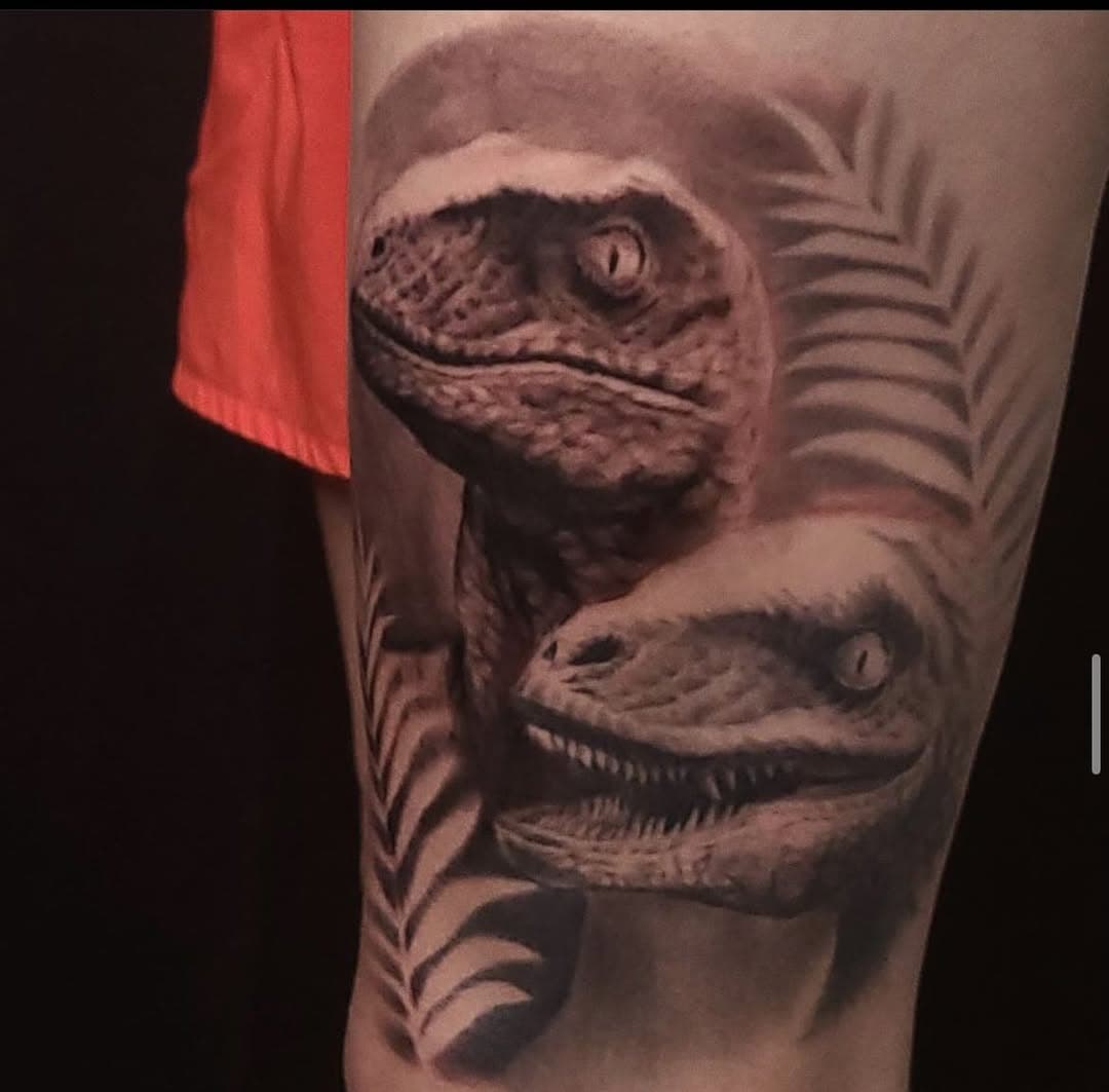 @roy_sowers #tattoo #blackandgreytattoo #raptors #clevergirl #dinosaur #blackmoontattoo #getatattoo