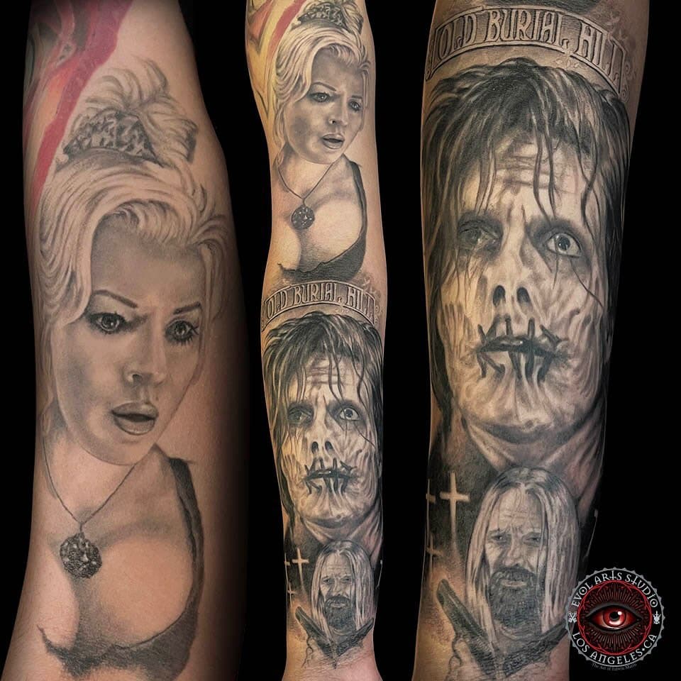 Working on this uncommon horror sleeve. Top is Jennifer Tilly from “The Bride of Chucky”; next zombie tattoo is Billy from “Hocus Pocus 2” and the last small tattoo is Otis from “The Devil’s Rejects”. Still working on the backside with Captain Spaulding, Sheri Moon Zombie as Baby. #Chucky #JenniferTilly #HocusPocus #TheDevilsRejects #Otis #DTLA #TattooShop #DownTown #LA #DowntownLA #HorrorTattoo #HorrorSleeve