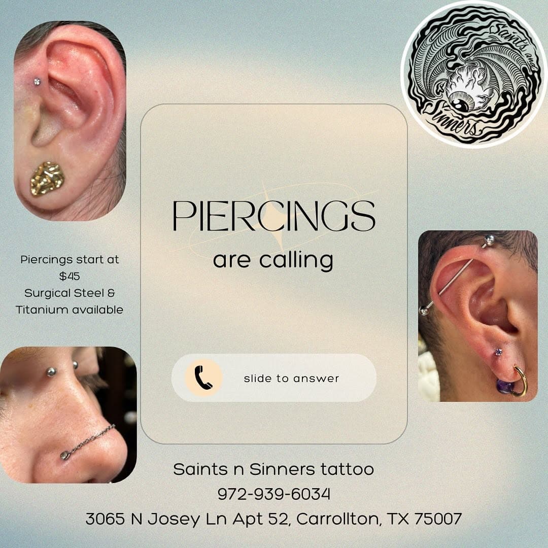 Piercings are calling 📞 
Will you answer?

• Questions? Call us! 972-939-6034

• 3065 N Josey Ln Apt 52, Carrollton, TX 75007

Tags⬇️
#piercing #gauges #earrings #piercings #perforadoras #needles #bodyart #tattoo #tattooshop #traditional #traditionalart #bodytransformation #earpiercing #titaniumjewelry #titanium #carroltontx #carrolton #Tragus #helix #industrial