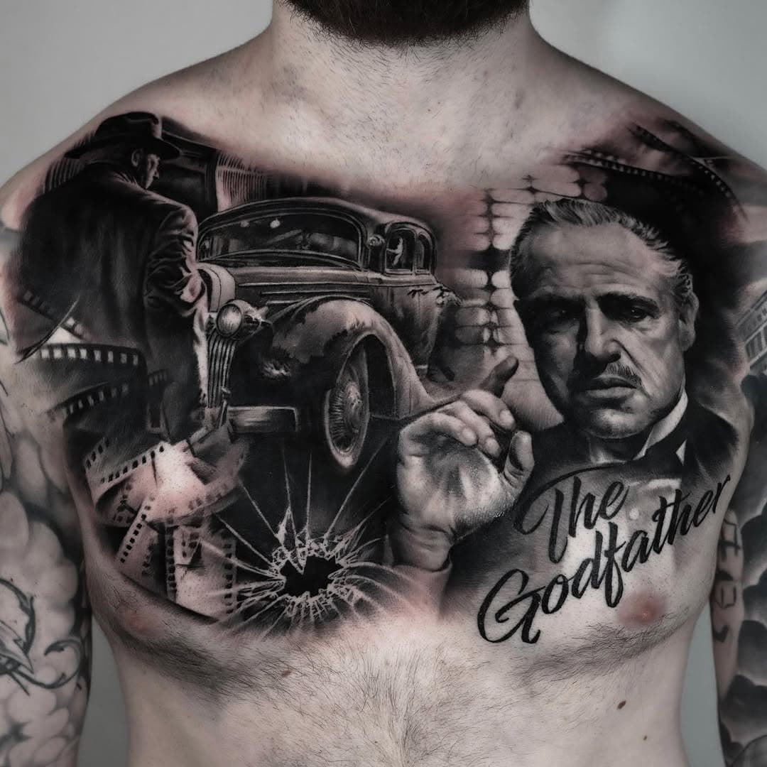 The Godfather chest piece finished. Done in 3 sessions  some parts healed, some fresh @dimensionink #tattoooslo #tattoonorway