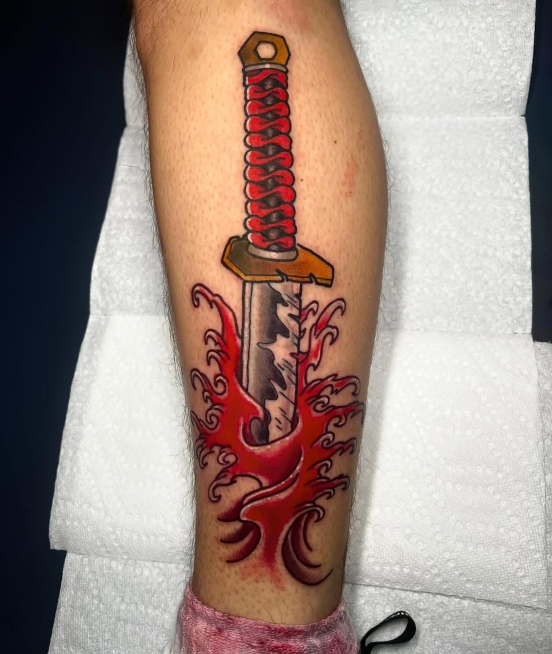 @mo.money.tattoos blood katana! #tattoo #colortattoo #gettattooed #tattooshop #tattooartist #knoxvilletattoo