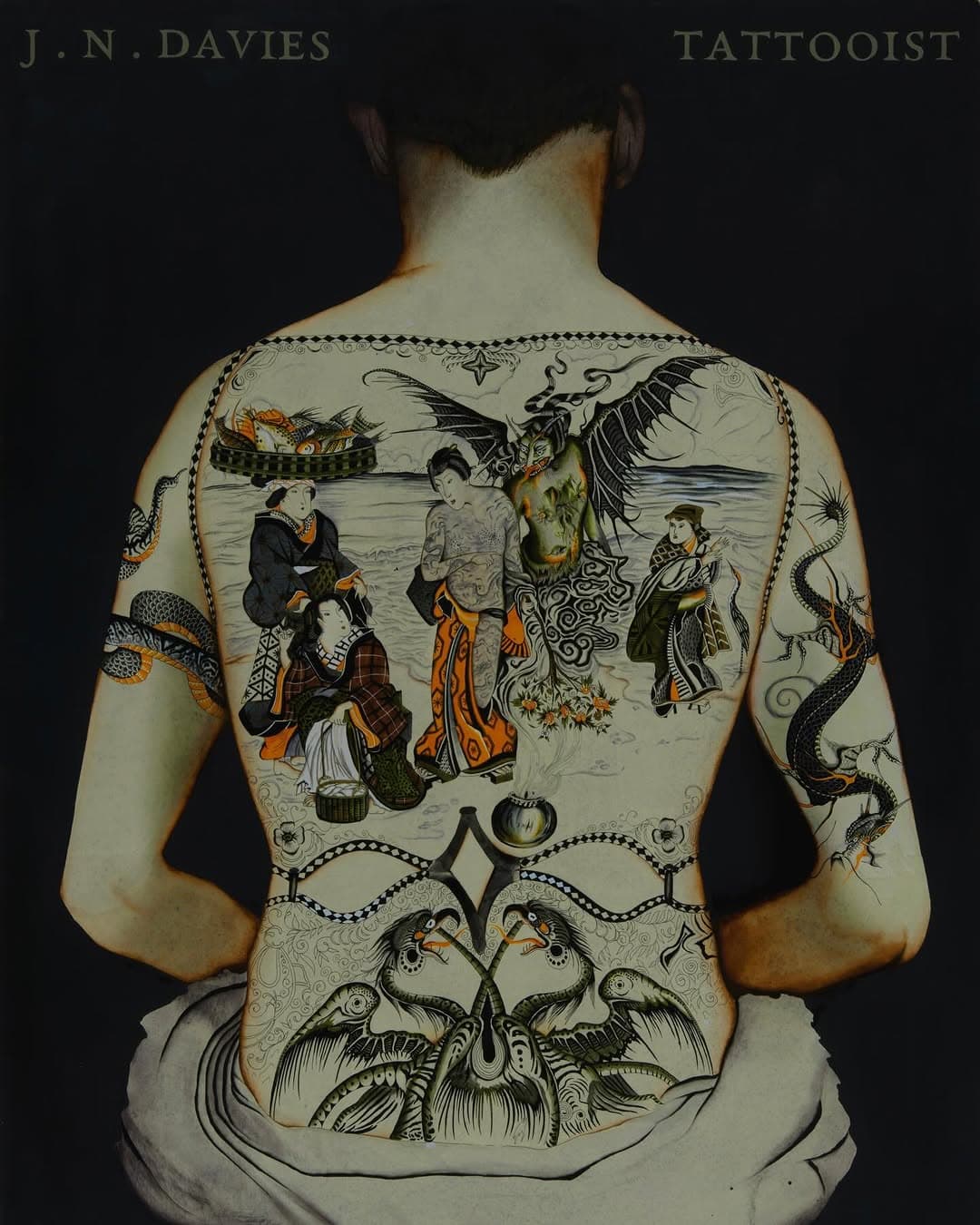 Finally finished this painting depicting a man’s back-piece by legendary tattooist George Burchett!

The reference photograph has been kicking about for a while and I’ve always thought the design must have been taken from Japanese Ukiyo-e print. Turns out my hunch was correct and the tattoo was adapted from a playing card that illustrates modern versions of chapters from the ‘Tale of Genji’

The series is titled Murasaki Shikibu Genji karuta (Murasaki Shikibu’s Genji Cards). The scene relates to Chapter 12, ‘Suma’, in which Genji is exiled to the seaside village of Suma. The set was designed by Utagawa Kunisada II in 1857. 

Swipe to have a look at the original reference the Burchett would have used to create this design.