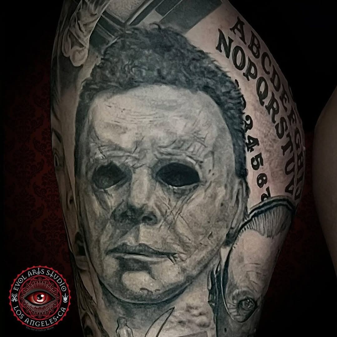 Working on this Black & Grey tattoo, horror movie leg sleeve for a while, just one more section to go. 
Can’t wait to finish it!
#MichaelMyers #Halloween #JohnCarpenter #HalloweenMovie #TattooArtist #BlackAndGreyTattoo #realisticTattoo #SurrealTattoo #FinelineTattoo #HorrorTattoo #HorrorSleeve #LegSleeve #LAtattooArtist #LAtattooShop #DTLA #TattooShop