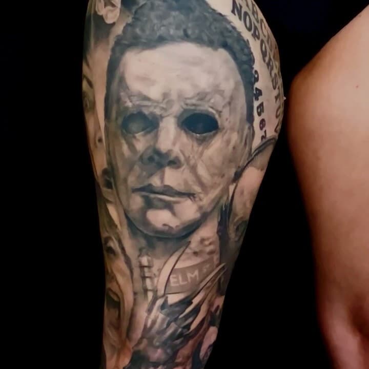 Video of Black & Grey tattoo horror leg sleeve - just one last section to go. 
Can’t wait to finish it!
#MichaelMyers #Halloween #JohnCarpenter #HalloweenMovie #TattooArtist #BlackAndGreyTattoo #realisticTattoo #SurrealTattoo #FinelineTattoo #HorrorTattoo #HorrorSleeve #LegSleeve #LAtattooArtist #LAtattooShop #DTLA #TattooShop