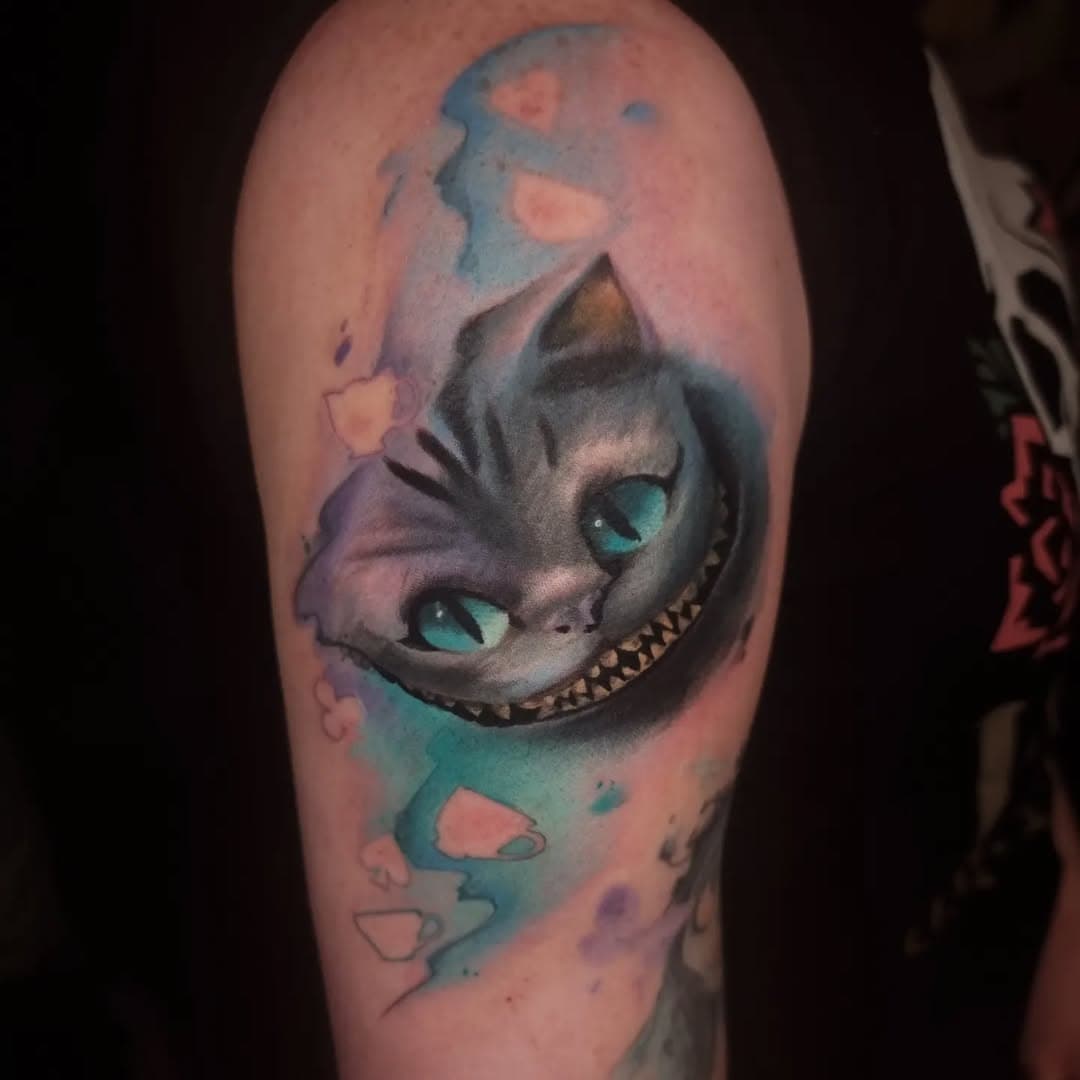 Water colour Cheshire cat 
#aliceinwonderland #cheshirecat #aliceinwonderlandtattoo #watercolourtattoo #Liverpool #liverpooltattoostudio #liverpooltattoo