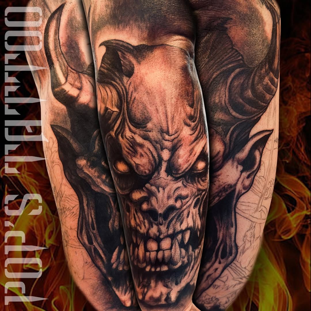 Demon head on forearm. 🔥😈🔥 Done by Chuck.
