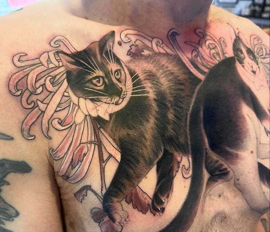 Work in progress on this chest piece for Jon of his kitty’s, one more session then I’ll get a full picture of it healed. It has been very fun to work on :)