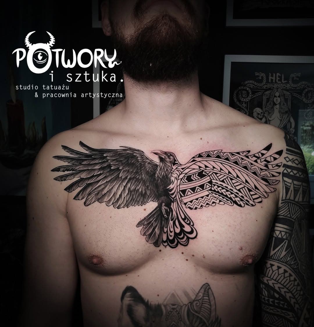 #tattooexperience #raven #ravenstattoo #raventattoo #chesttattoo #coveruptattoo #graphicaltattoo #blackworktattoo #blackandwhite #tattooidea #fusiontattoo #maoritattoo #tattooproject #tattoodesign #dynamicink #tattoome #czaplinek
#potworyisztuka #instart #instartist #instattoo #instatattoo