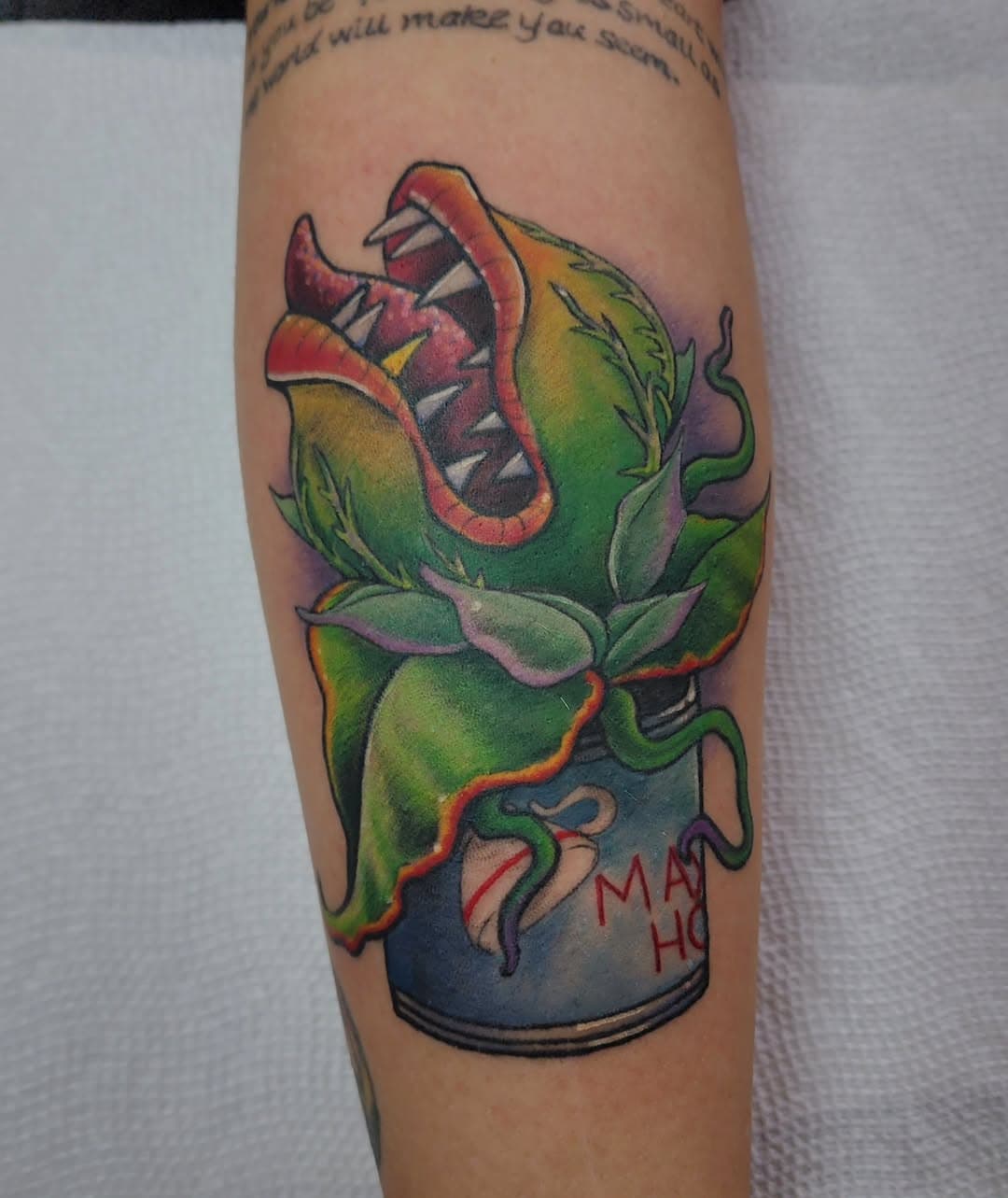 "Bring me food" -Plant 
.
.
.
Lines are healed, color fresh! Had an absolute blast packing in all that color! 

#colortattoo #feedmeseymour #littleshopofhorrors #elkhartindiana #oddballstattoo