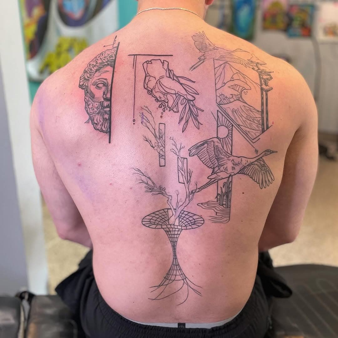 Still a work in progress but I’m really digging the style that Michael wanted. I was stoked to be able to add Marcus Aurelius to this back piece in our last session! 

Thanks for the fun sessions and for your trust with this!