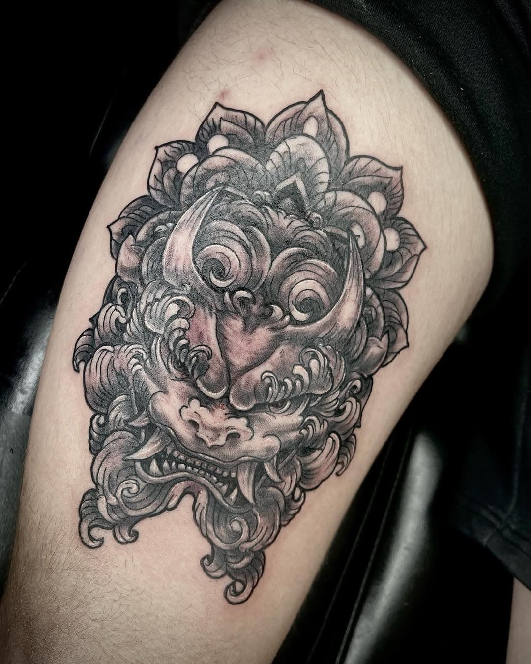 Daily Grind: Made this #FooDog on my buddy @twojzbjj son! Thanks for lookin’! #dregarcia #stateofarttattoo #tucson #az #tattoo #tattoos #tattooed #tatuaje #Tatuajes #fusionink #inkeeze #hushtattooproducts #hivecaps #SOATAT2 #dynamicblack #fkirons #blackandgreytattoo