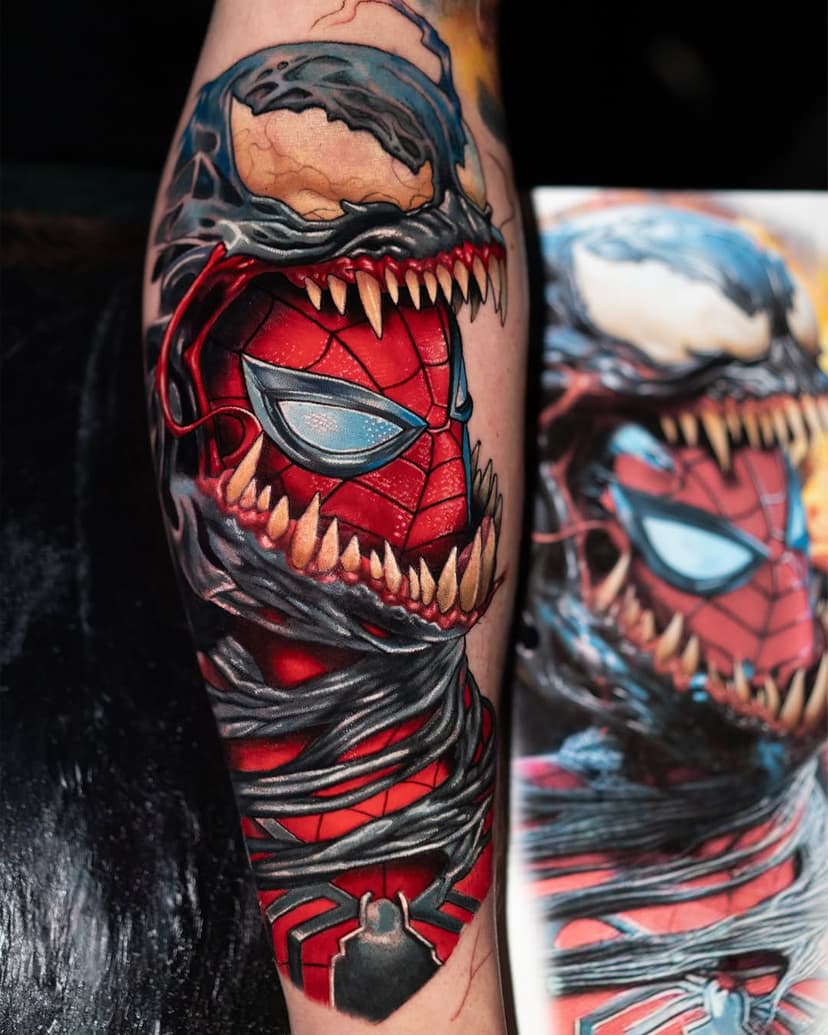 I finally took all the photos off my camera and now have some #tattoos to post. 

I had a lot of fun doing this #spiderman and #venom piece over 2 days earlier this month. Part of a Spidey  #symbiote sleeve.

**sponsored by**

@eternalink #eternalink ⁣
@barber_dts #barberdts ⁣
@stencilstuff #stencilstuff ⁣
@mdwipeoutz #mdwipeoutz⁣