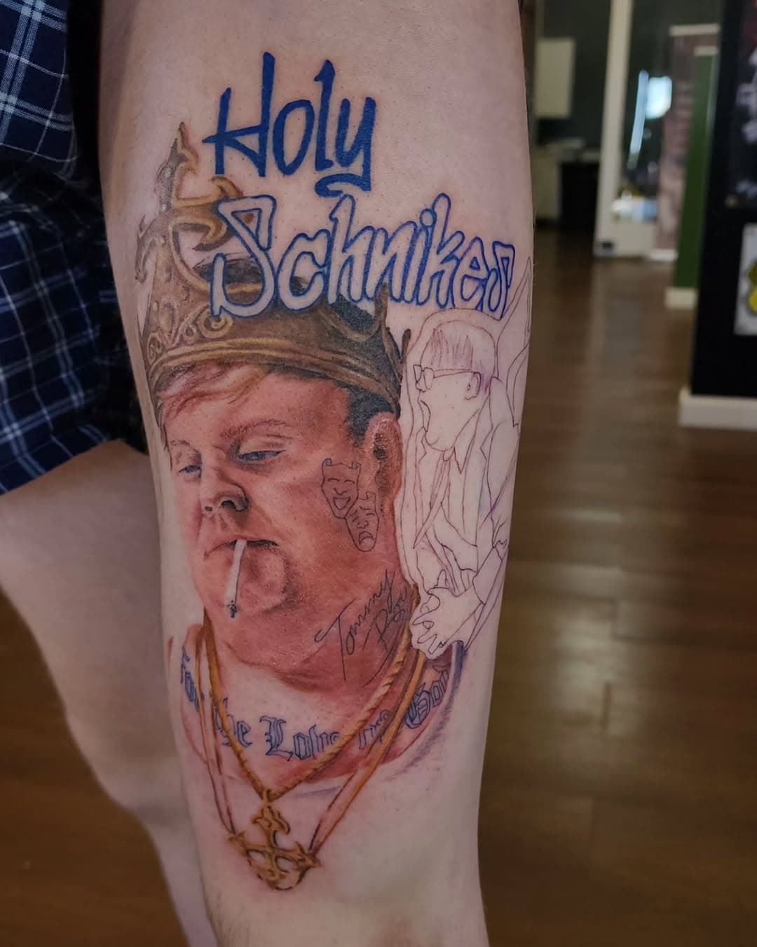 Real solid start to this King of Comedy Tribute piece 💪 
.
.

Thanks for always being down to do cool stuff 🖤
.
.
.
#chrisfarley #colortattoo #elkhartindiana #oddballstattoo #tommyboy #vandownbytheriver