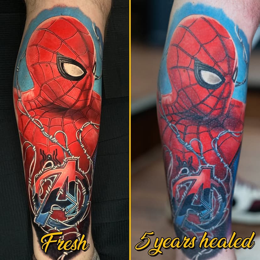 I managed to get a healed photo of this #spiderman I did 5 years ago (June 2019). It's always great to see tattoos come back that have been properly looked after. 
 
#healedtattoo 

**sponsored by**

@eternalink #eternalink ⁣
@barber_dts #barberdts ⁣
@stencilstuff #stencilstuff ⁣
@quickcaps #quickcaps 
@immortalprime #immortalprime⁣
@mdwipeoutz #mdwipeoutz⁣
@Tattoodo #tattoodoambeassador