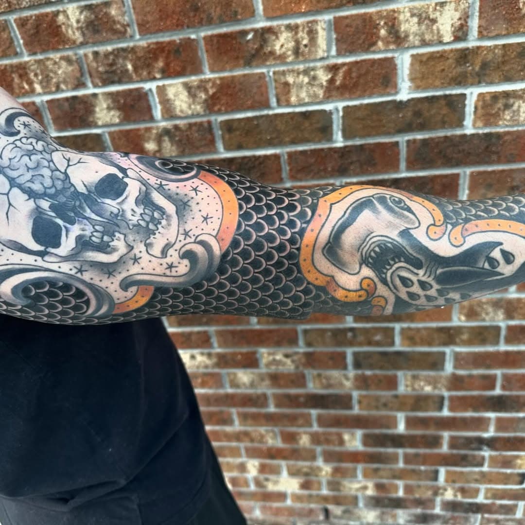 Finished this sleeve up the other day. Come to @honorandglorytattoonc to book your next tattoo appointment. I have time available this weekend and next week. #traditionaltattoo #colortattoo #scalestattoo