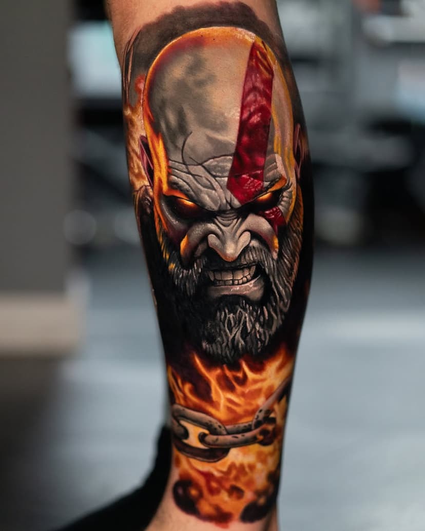 I got to do this #Kratos from #GodOfWar over 2 days earlier this week. I love doing a #VideoGameTattoo and would be up for doing more? Is there any video game character you'd be keen to get tattooed? 

**sponsored by**

@eternalink #eternalink ⁣
@barber_dts #barberdts ⁣
@stencilstuff #stencilstuff ⁣
@quickcaps #quickcaps 
@immortalprime #immortalprime⁣
@mdwipeoutz #mdwipeoutz⁣
@Tattoodo #tattoodoambeassador