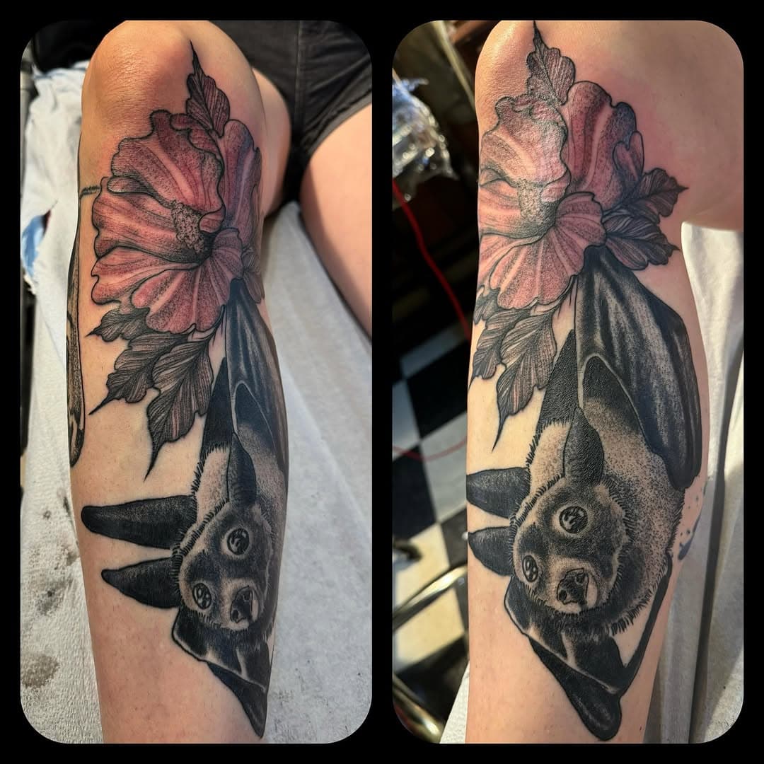 #in progress #blackrivertattoo #blackriverfalls #wisconsin #mainstreetusa #americasbestkeptsecret #blackandgreytattoo #bat #flowertattoo #getsome