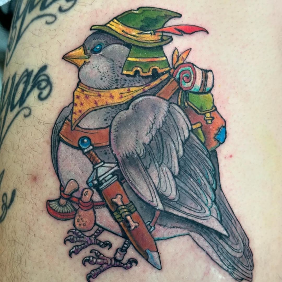 ADVENTURE BIRD!!
Look at this chonky explorer in his sweet little hat and fresh banana. He’s got a sword and some treats and a secret message container on one of his feet.
Shoutouts to Carlos for coming correct and getting this smiley little dude. Big ups to the cool kids getting cool stuff.
If you would also like to get some sweet tattz (coolness optional), you gotta get at me the only way I can ever get got at:
Email: ampersandtattoo@gmail.com
We’ll get you sorted proper.
Thanks a whole bunch!