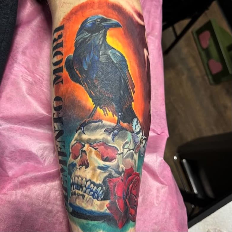 ‘Take thy beak from out my heart, and take thy form from off my door!”
Quoth the Raven “—blank—“‘
.
Wrong answers only! Add your comments! Tattoo done by @tattoo_w_ina 
#raventattoo #skull #skulltattoo #tattoo #colorrealismtattoo #colorrealism #mtjuliettn #nashvilletattooartists #nashville